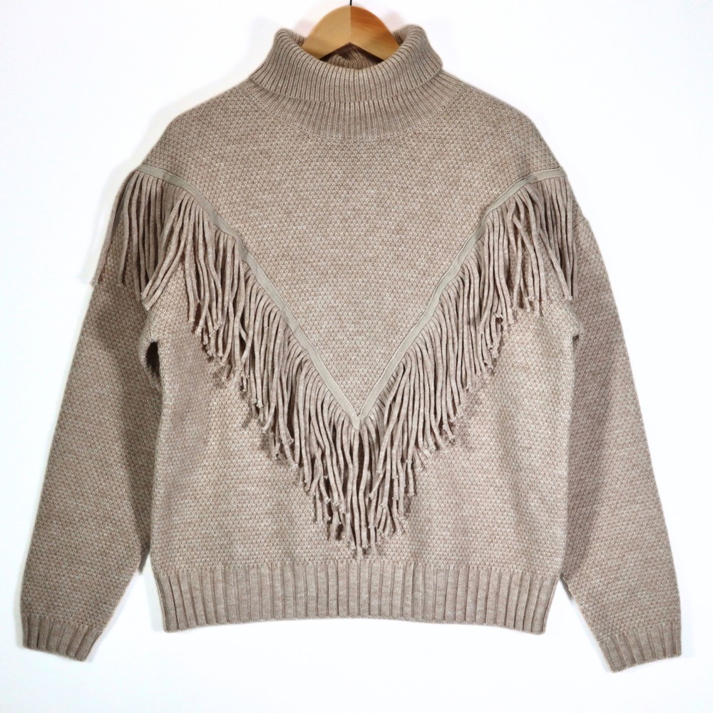 Entro Turtleneck Sweater Womens M Beige Western Fringe Popcorn Knit Casual